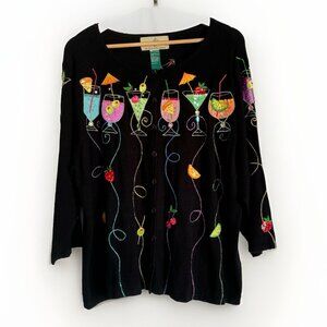 Design Options Womens Embroidered Cardigan XL Martini Wine Glasses Holiday Party